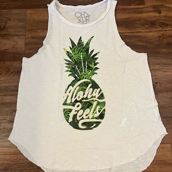 Chaser White “Aloha Feels” Pineapple Cutoff Tank Top - Picture 2 of 6